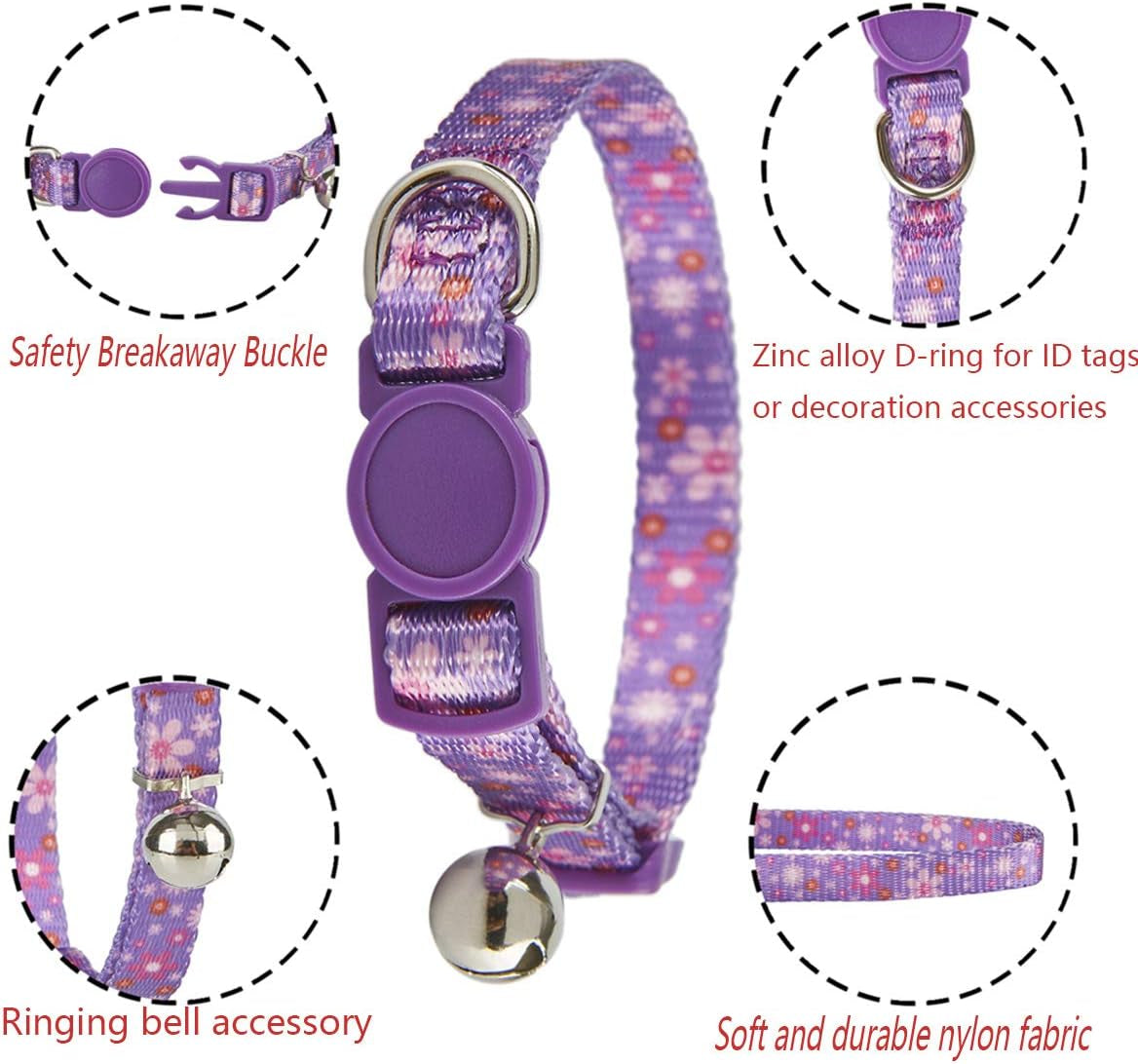 Breakaway Cat Collar with Bell, 2 Pack of Adjustable Floral Cat Collars Cute Safety Purple Pink Kitty Strawberry Collar