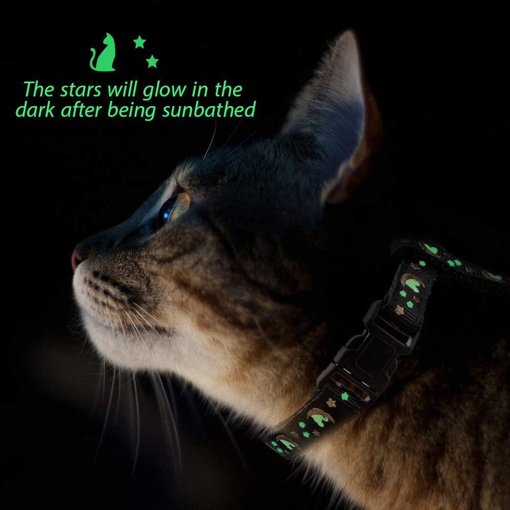 Cat Harness and Leash Set Gold Moons Stars Soft Nylon Escape Proof Adjustable for Kittens Small Animals Glow in the Dark (Black)