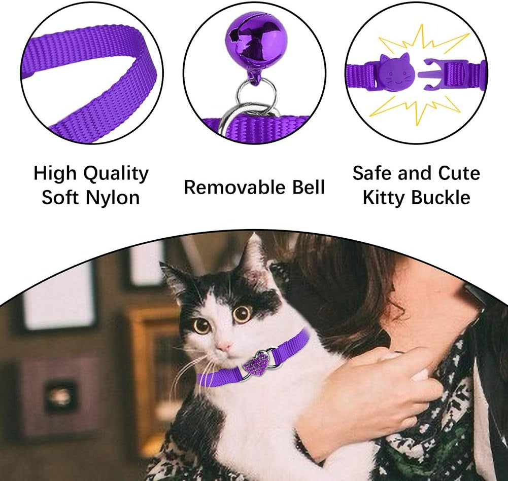 2 Pcs Cat Collars Heart Bling Breakaway with Bell Nylon Adjustable for Kitty (Pink+Purple)