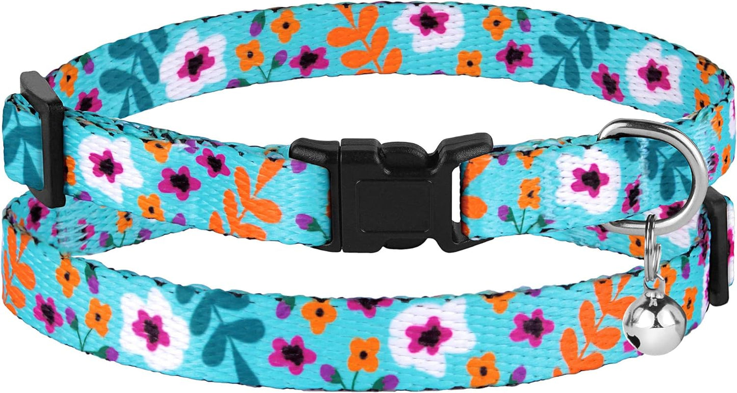 Cat Collar with Bell Floral Pattern 2 Pack Set Flower Adjustable Safety Breakaway Collars for Cats Kitten (Pink + Aquamarine)