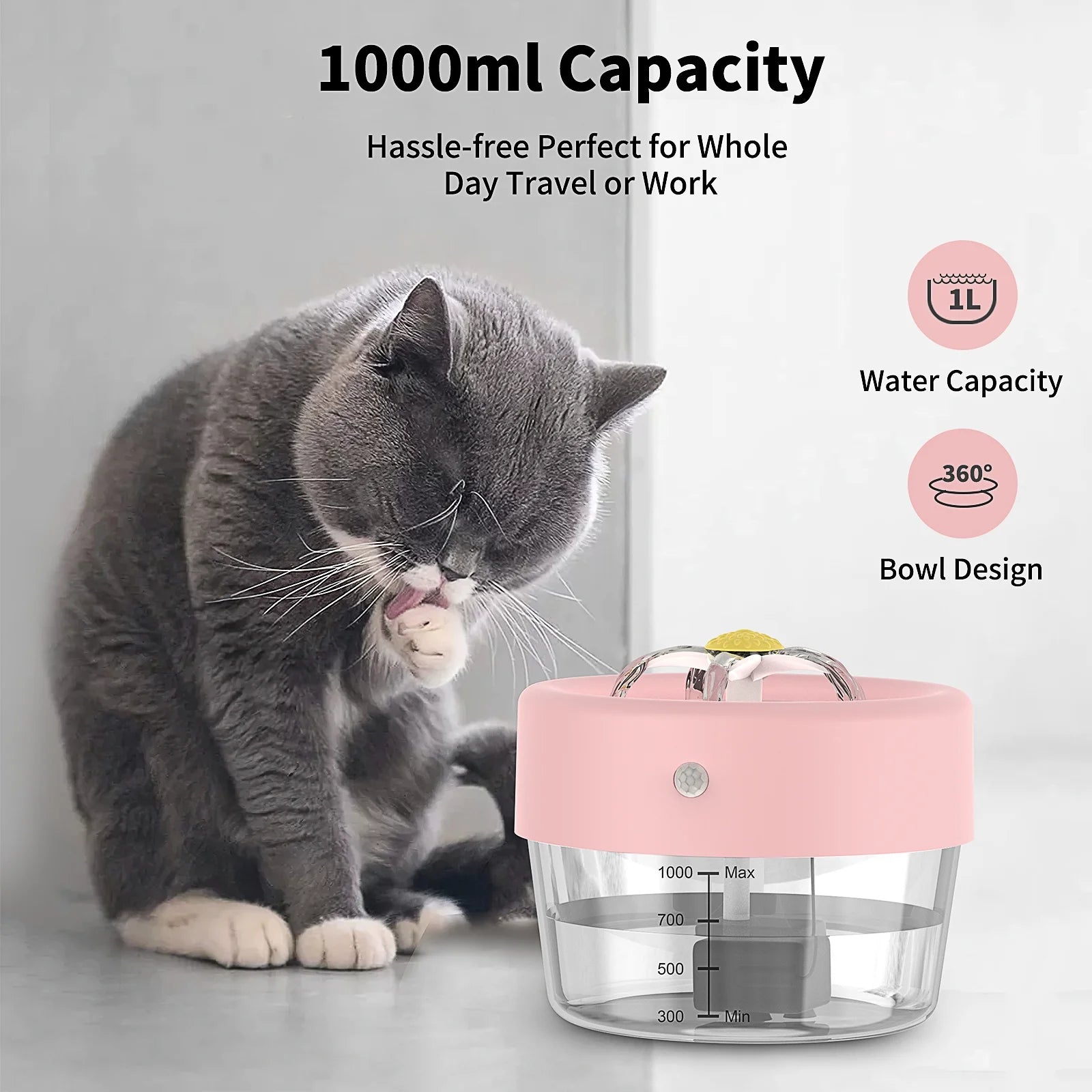 Cat Water Fountain, 1000Mah Battery, 1L Automatic Pet Drinking Fountain, Pink