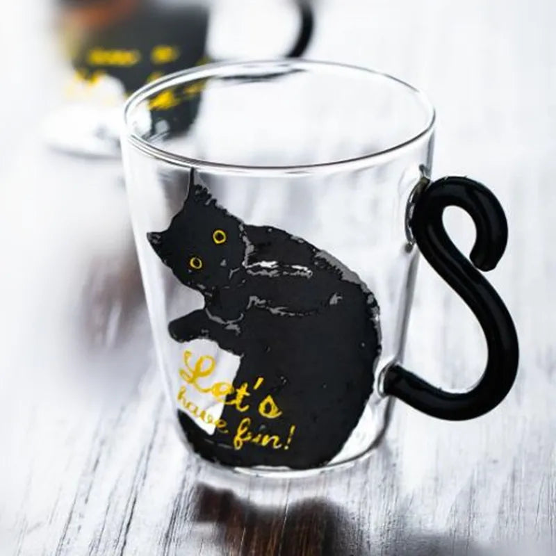 250 Ml Cute Black Cat Glass Coffee Mug Set Handgrip Animal Shaped Milk Water Juice Mugs Tea Cup Japanese Style Kawaii Gift Home