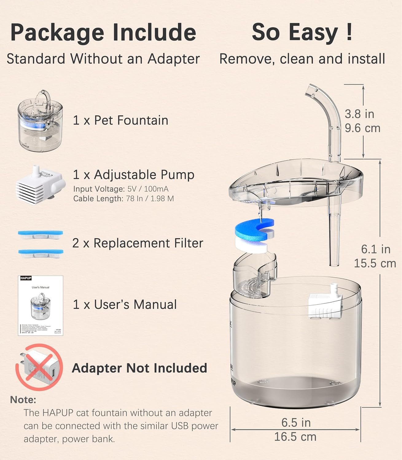 Cat Water Fountain Animal Water Dispenser 61OZ/1.8L Automatic Pet Drinking Fountain Clear Upgrade with 2 Filter Replacement 1 Adjustable Silent 1 Water Pump for Cats Kitty Indoor