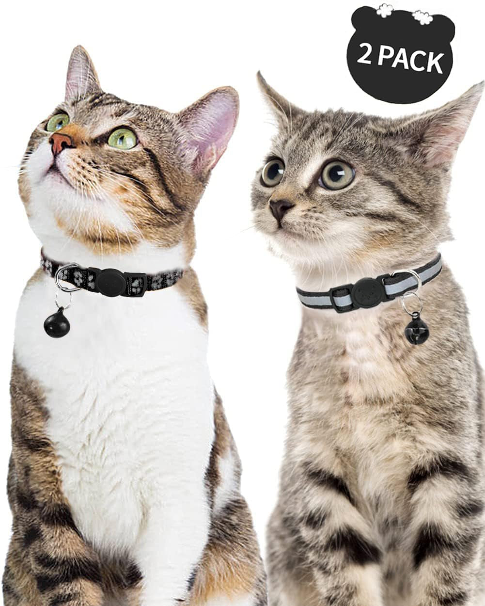 Reflective Cat Collar Breakaway with Bells, 2 Pack Girl Boy Pet Cat Collar Adjustable 7.5-12.5 Inch, Black