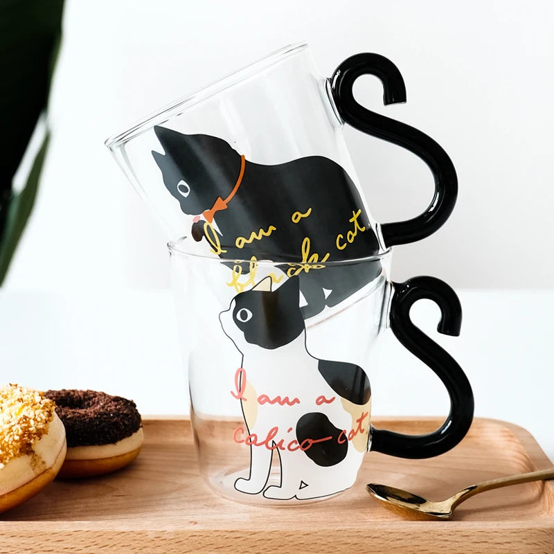 250 Ml Cute Black Cat Glass Coffee Mug Set Handgrip Animal Shaped Milk Water Juice Mugs Tea Cup Japanese Style Kawaii Gift Home