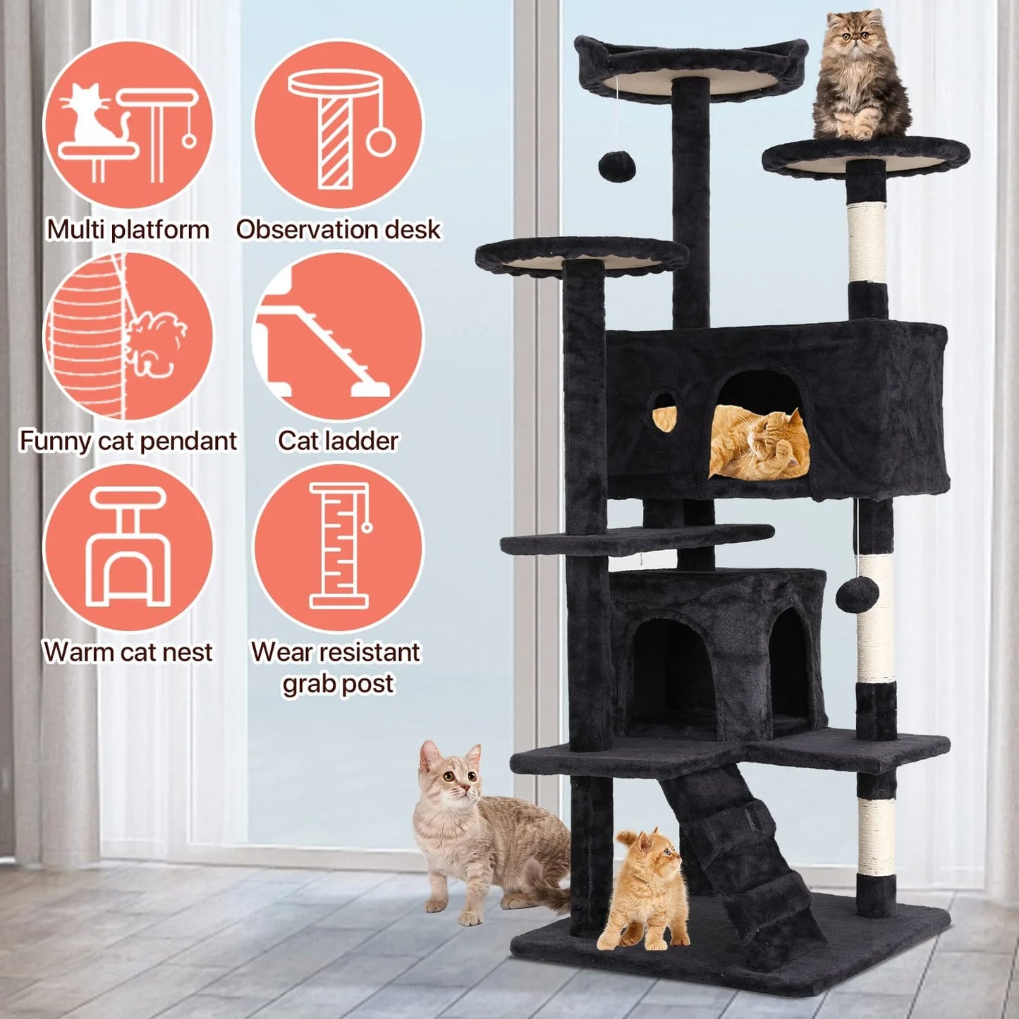 54-In Double Condo Cat Tree Tower Playhouse with Scratching Post for Indoor, Dark Gray