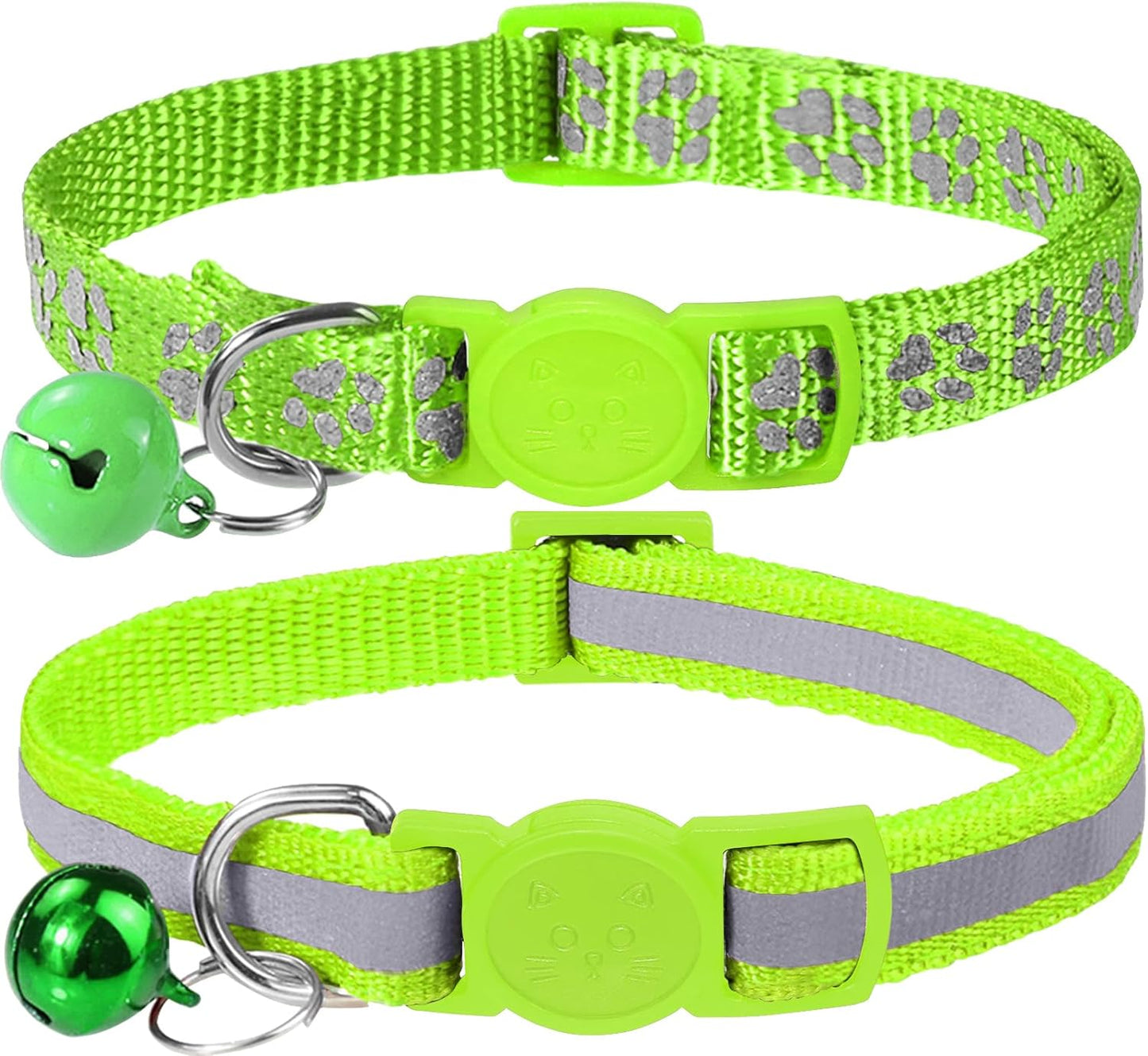 Reflective Cat Collar Breakaway with Bells, 2 Pack Girl Boy Pet Cat Collar Adjustable 7.5-12.5 Inch, Green