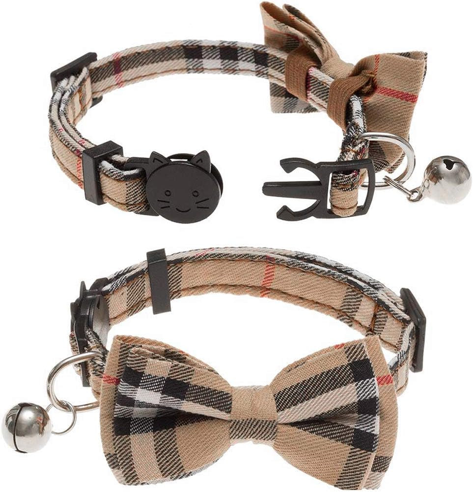 2 Pack/Set Cat Collar Breakaway with Cute Bow Tie and Bell for Kitty and Some Puppies, Adjustable from 7.8-10.5 Inch