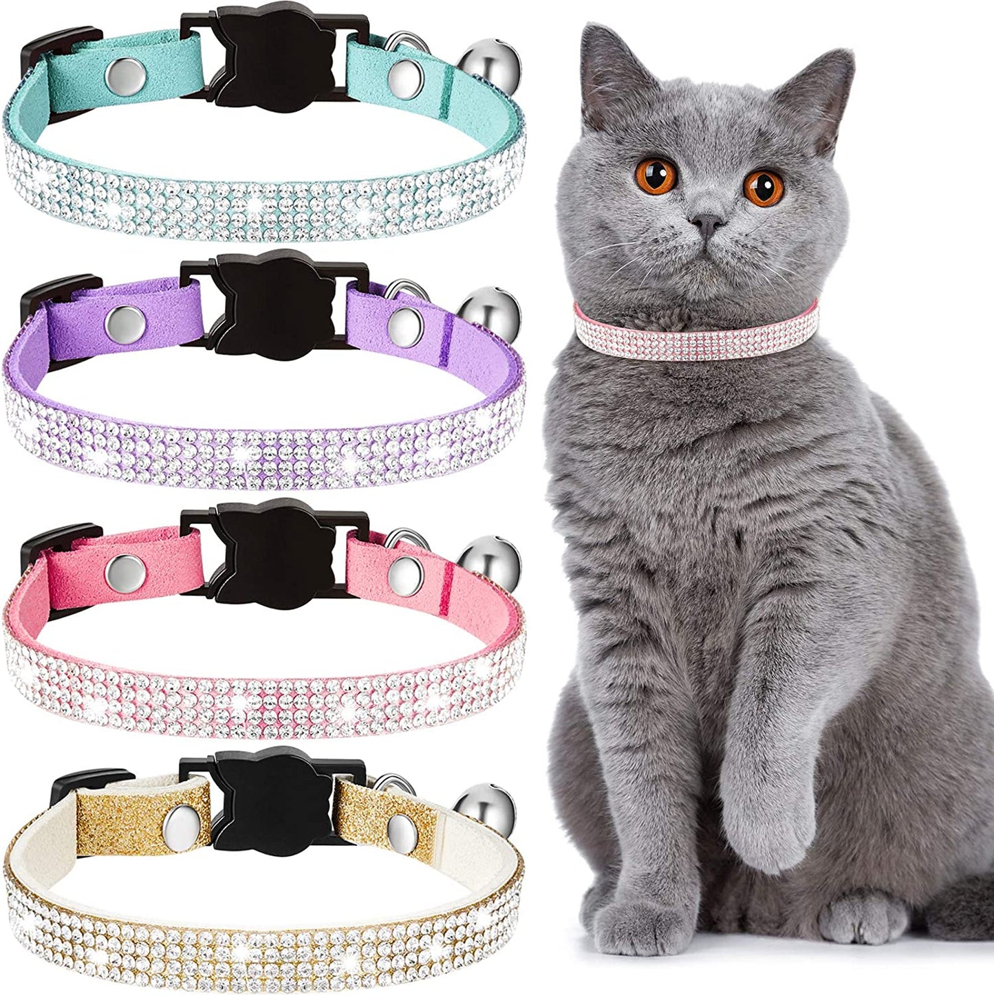 4 Pieces Rhinestones Cat Collars Breakaway Cat Collar with Bell Bling Pet Collars with Soft Velvet, 4 Colors (Purple, Blue, Gold, Pink,Xs)