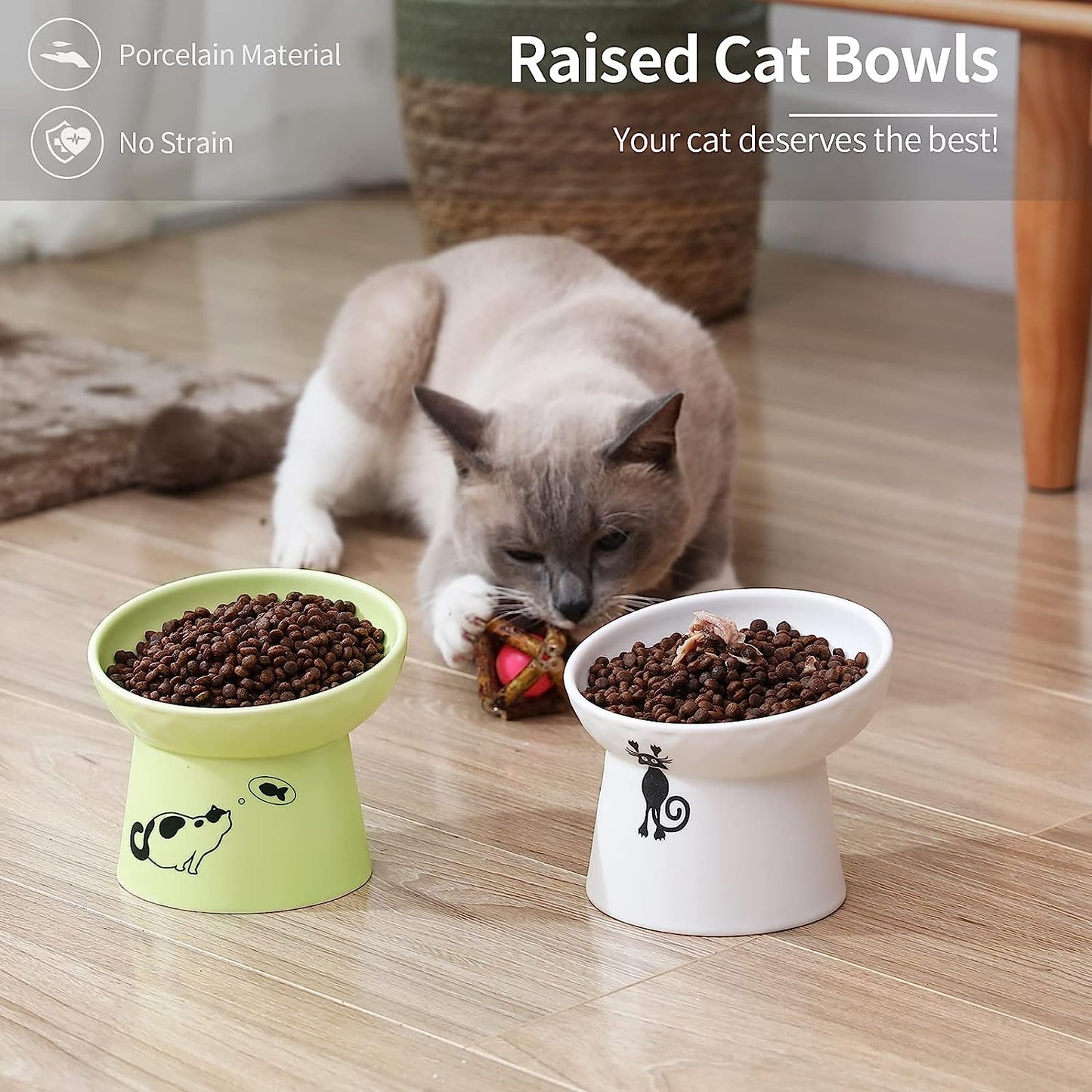 Ceramic Raised Cat Bowls, Tilted Elevated Cat Food Water Bowl Set, Porcelain Stress Free Pet Feeder Dish for Cats and Small Dogs, Dishwasher and Microwave Safe - White & Fruit Green, Set of 2