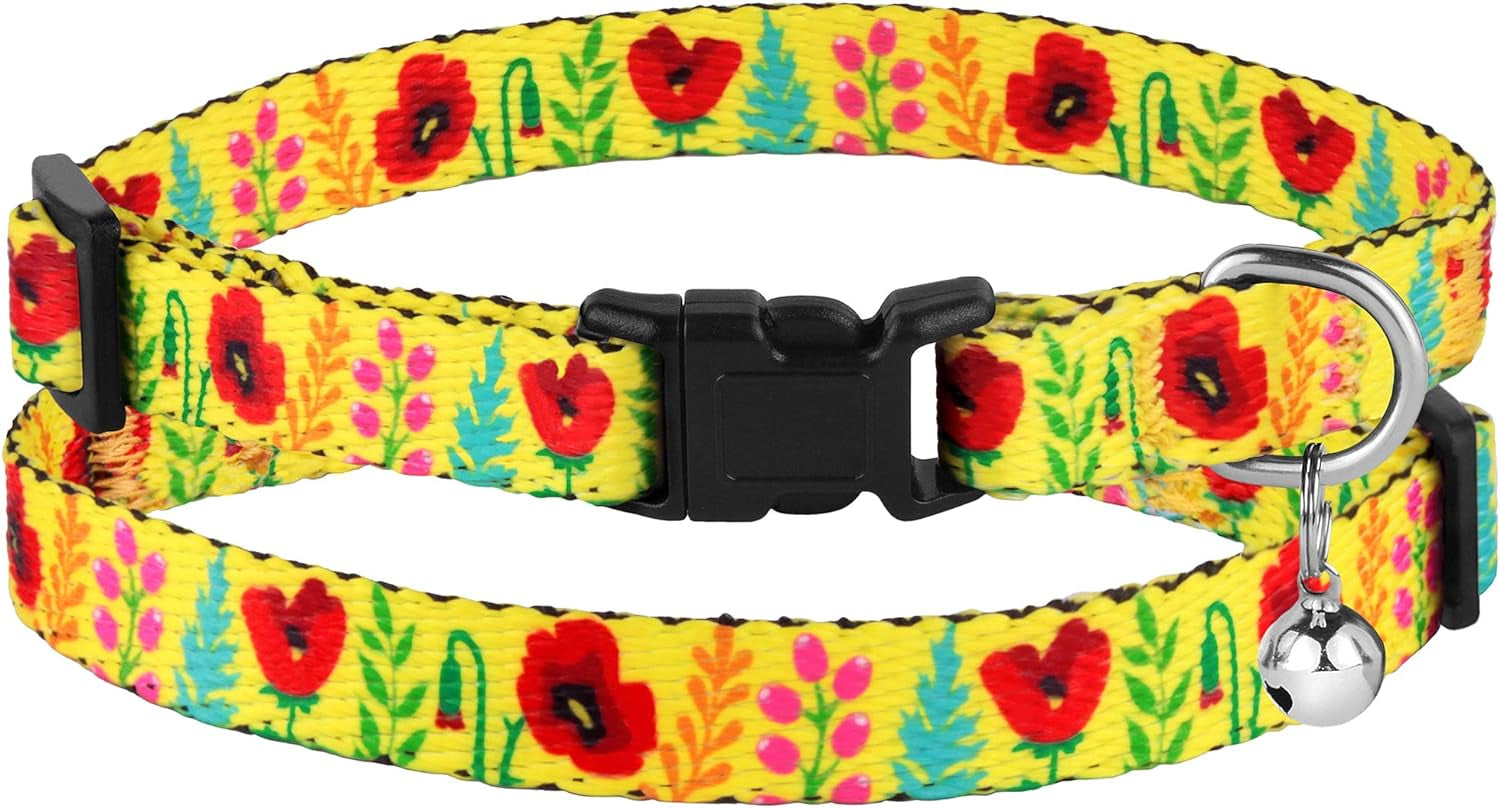 Cat Collar with Bell Floral Pattern 2 Pack Set Flower Adjustable Safety Breakaway Collars for Cats Kitten (Black + Yellow)