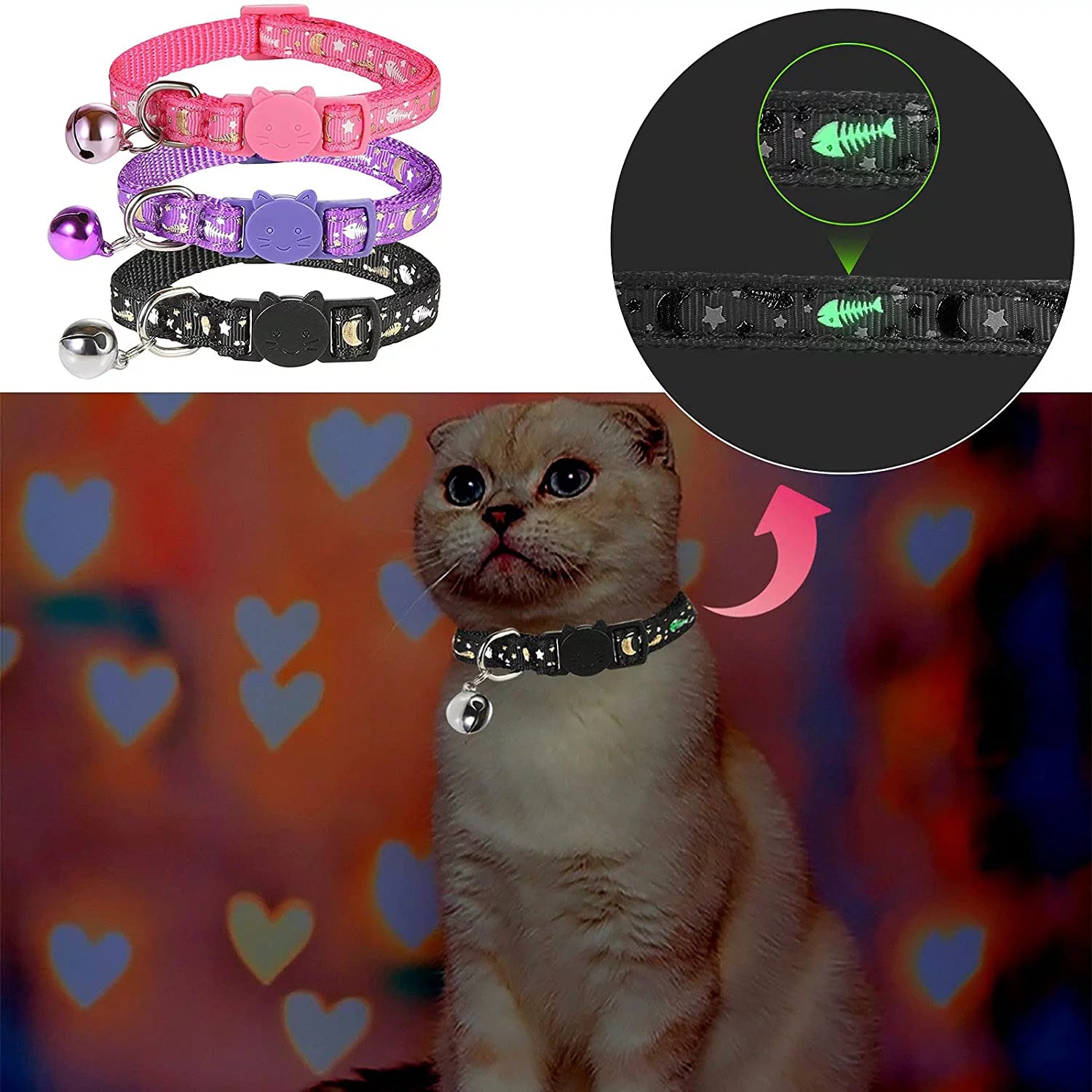 3 Pack Cat Collar Breakaway Kitten Collar with Bell Moon Star and Fish Bone Pattern Cat Collars Glow in Dark Adjustable from 7.5-11.4In