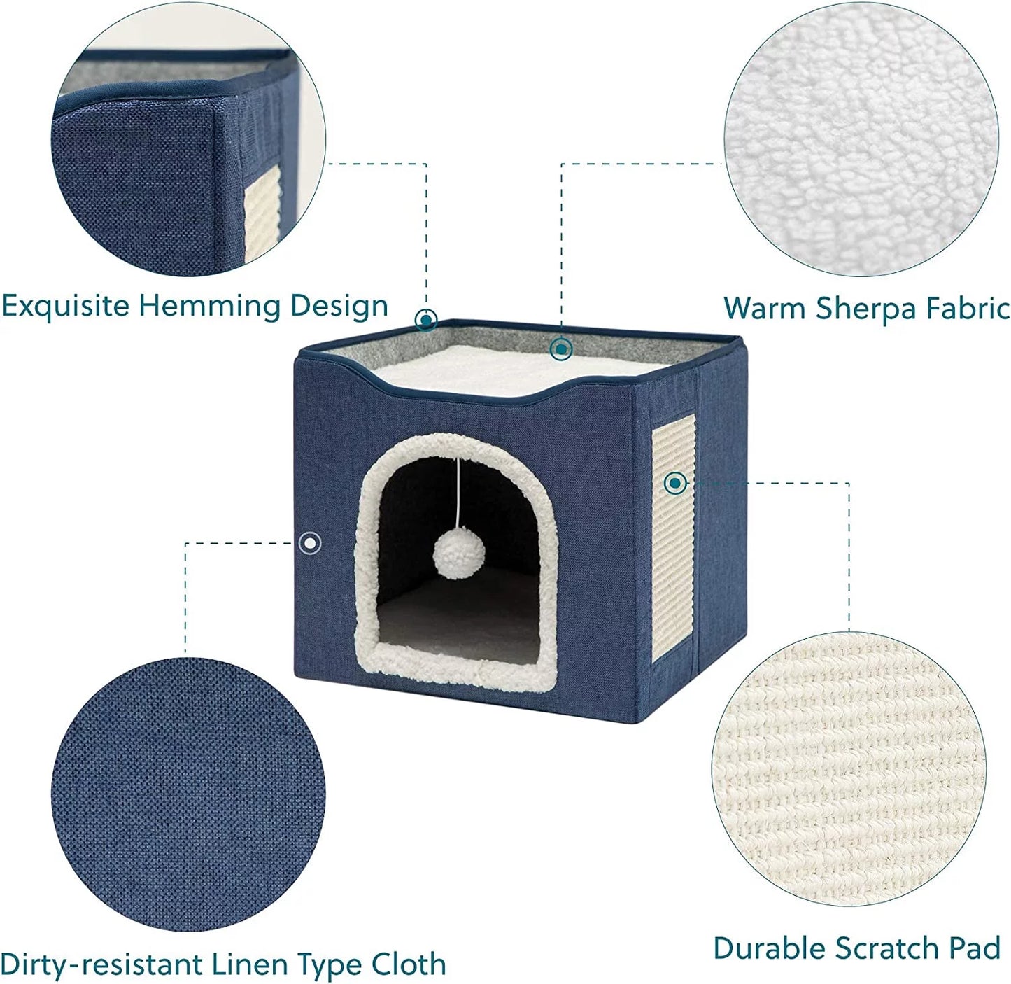 Cat Beds for Indoor Cats -Large Cat Cave for Pet Cat House with Fluffy Ball Hanging and Scratch Pad, Foldable Cat Hidewawy, Blue