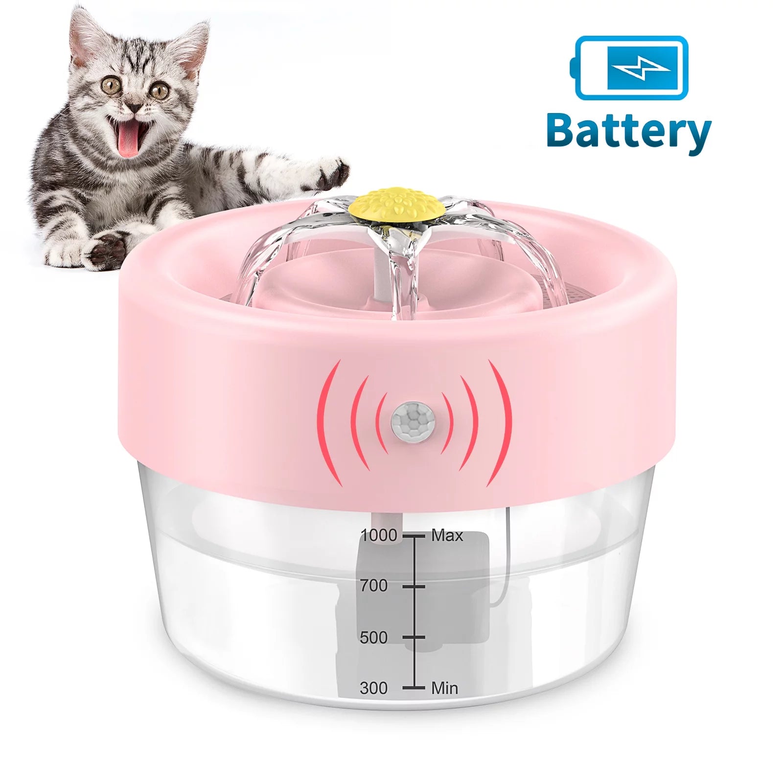 Cat Water Fountain, 1000Mah Battery, 1L Automatic Pet Drinking Fountain, Pink