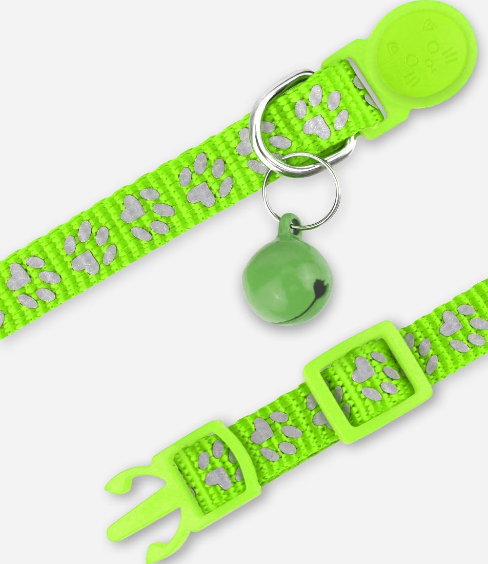 Reflective Cat Collar Breakaway with Bells, 2 Pack Girl Boy Pet Cat Collar Adjustable 7.5-12.5 Inch, Green