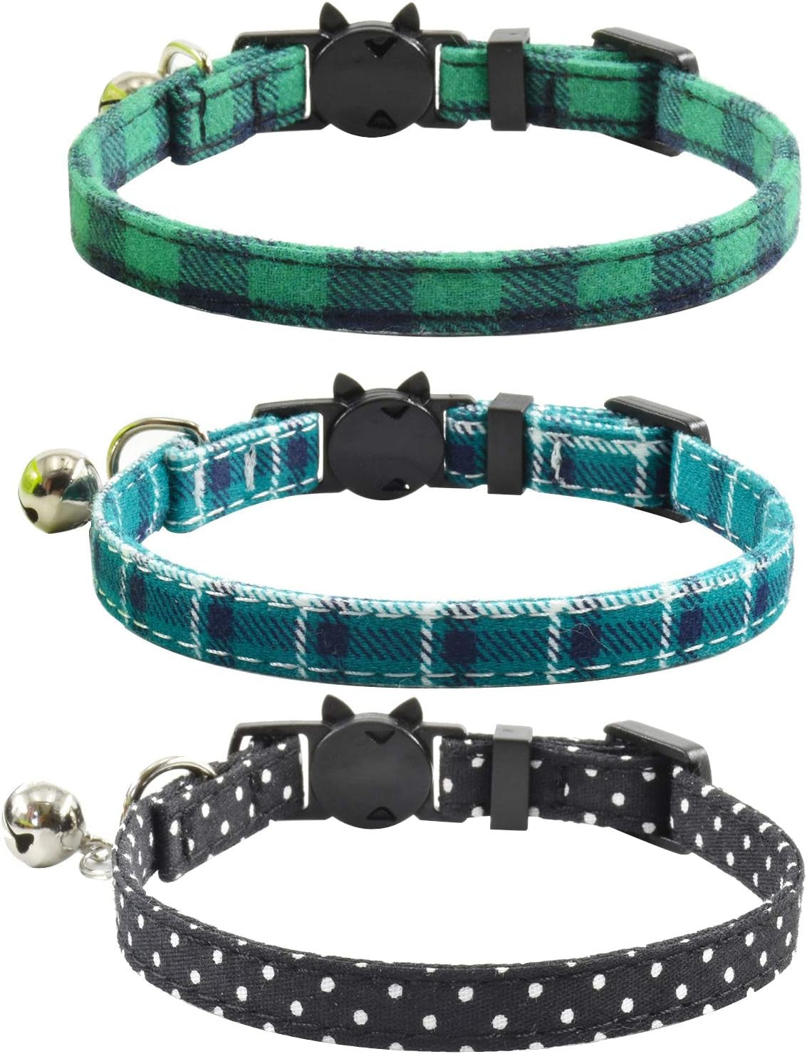 Breakaway Cat Collars with Bell, Set of 3, Durable & Safe Cute Kitten Collars Safety Adjustable Kitty Collar for Cat Puppy 7.5-11In (Green,Cyan,Black)