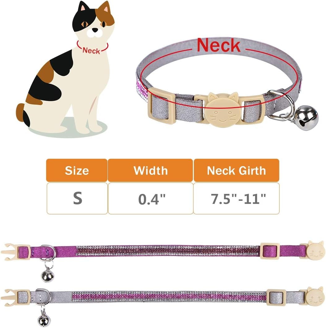 Cat Collar Breakaway with Bells - 2 Pack Bling Rhinestone Cat Collar, Soft Microfiber Leather Safe Adjustable Shing Collar, for Cats and Puppy Girl Boy (7.5"-11", Gray+Purple)