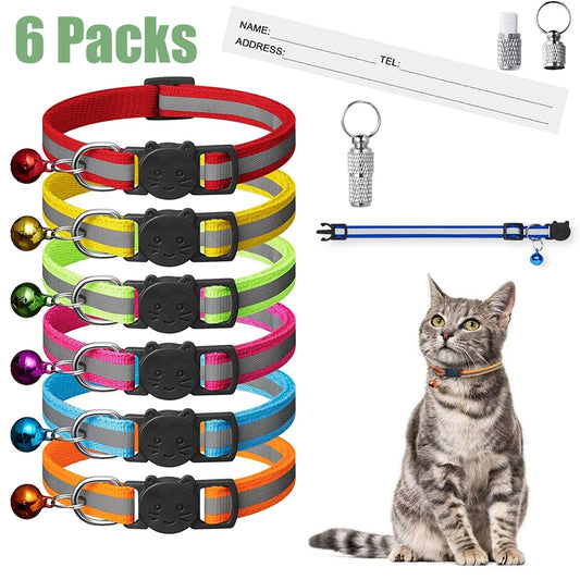 6 Pcs Reflective Cat Collar with Bell, Breakaway Cat Collars with Name Tag