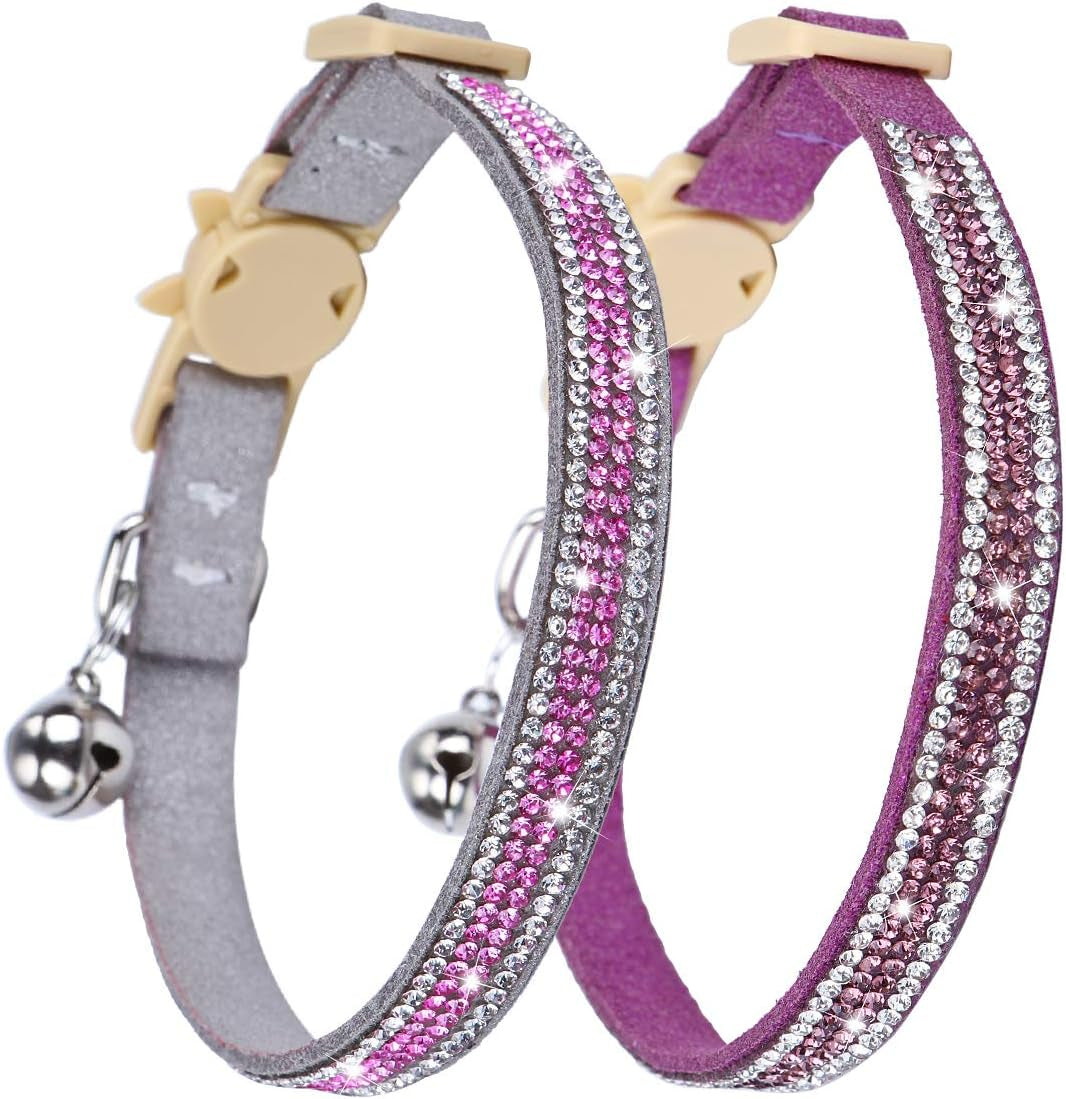 Cat Collar Breakaway with Bells - 2 Pack Bling Rhinestone Cat Collar, Soft Microfiber Leather Safe Adjustable Shing Collar, for Cats and Puppy Girl Boy (7.5"-11", Gray+Purple)