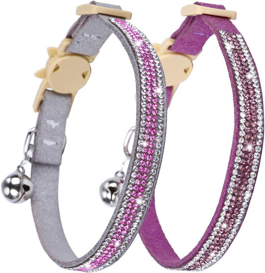 Cat Collar Breakaway with Bells - 2 Pack Bling Rhinestone Cat Collar, Soft Microfiber Leather Safe Adjustable Shing Collar, for Cats and Puppy Girl Boy (7.5"-11", Gray+Purple)