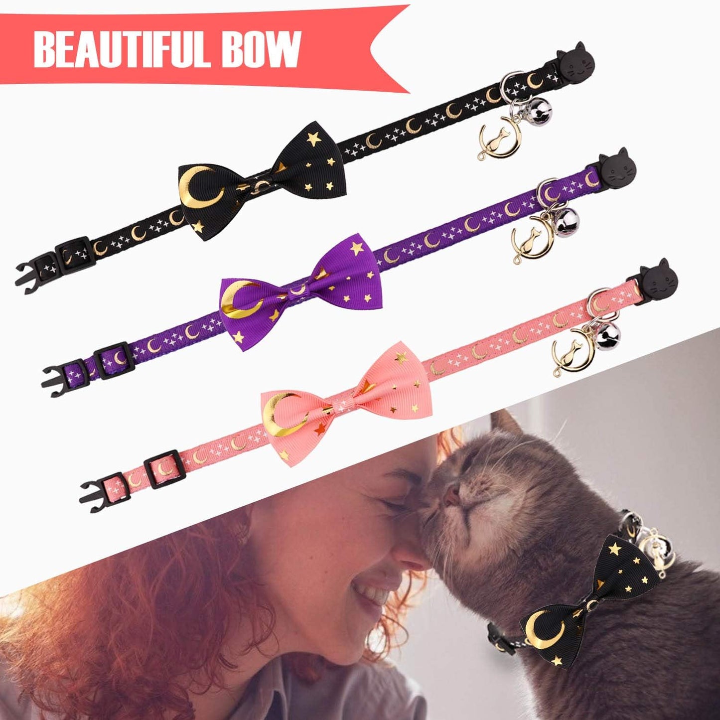 2 PCS Breakaway Cat Collar with Bow Tie and Bell Golden Moon Glowing Star in the Dark for Kitten(Black&Purple)