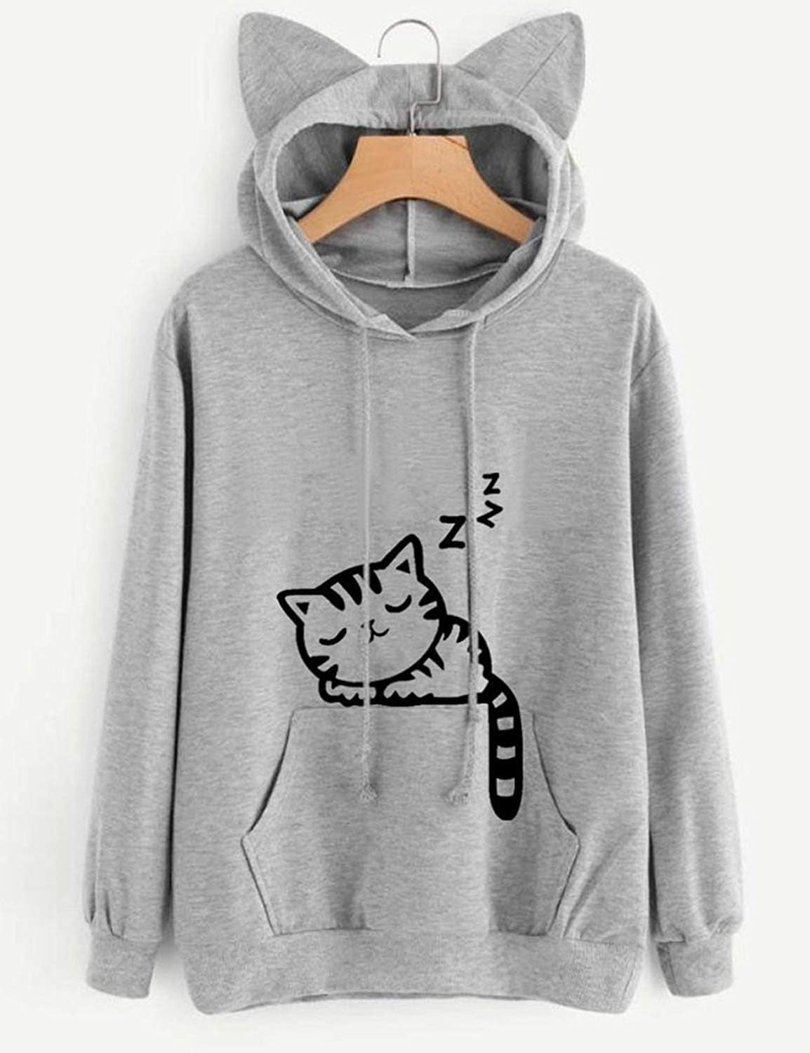 Women Girl Hoodies Cute Cat Ear Novelty Printed Pullover Sweatshirt