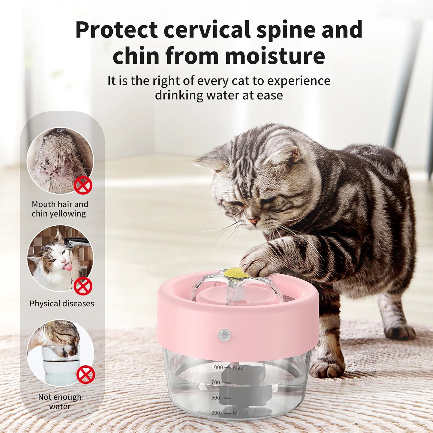 Cat Water Fountain, 1000Mah Battery, 1L Automatic Pet Drinking Fountain, Pink