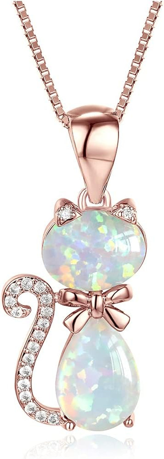 Opal Cat Necklace, 925 Sterling Silver Cat Jewelry Cat Necklace for Women, Cat Gifts for Cat Lovers