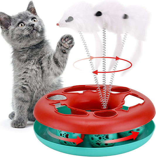 Cat Toys, Cat Toys for Indoor Cats,Interactive Kitten Toys Roller Tracks with Catnip Spring Pet Toy with Exercise Balls Teaser Mouse (Red)