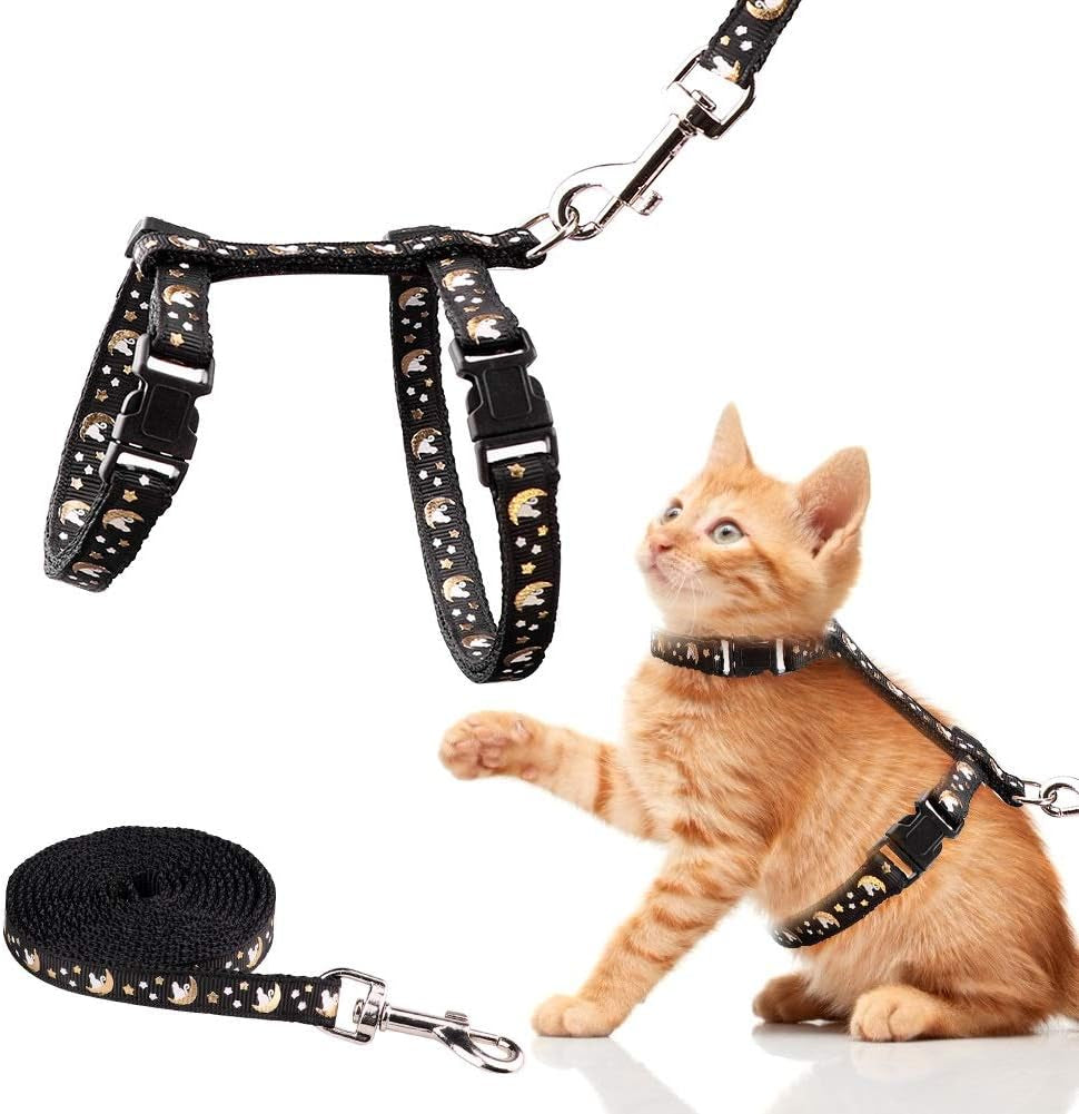 Cat Harness and Leash Set Gold Moons Stars Soft Nylon Escape Proof Adjustable for Kittens Small Animals Glow in the Dark (Black)