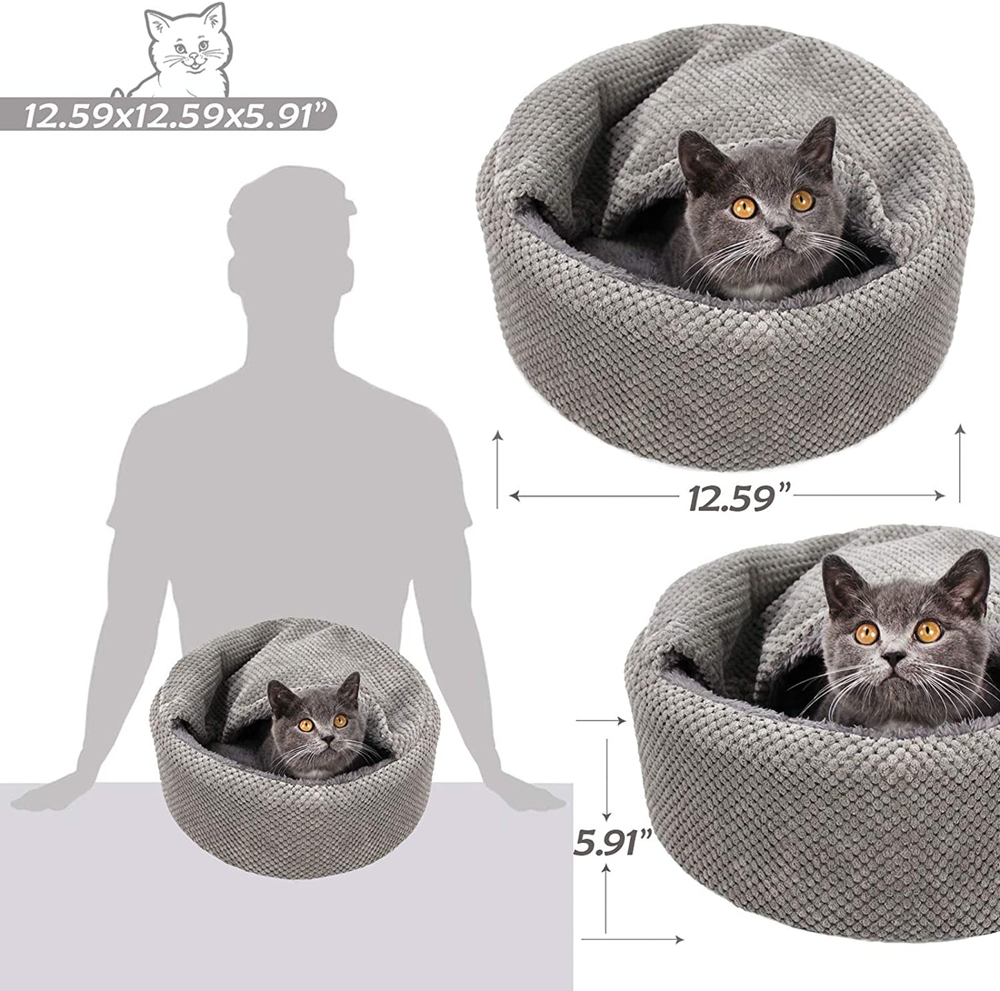 Washable Warming Cat Bed House,Round Soft Cat Beds for Indoor Cats,Calming Pet Sofa Kitten Bed,Small Cat Pet Covered Cat Cave Beds Puppy Bed for Small Dogs (Gray)