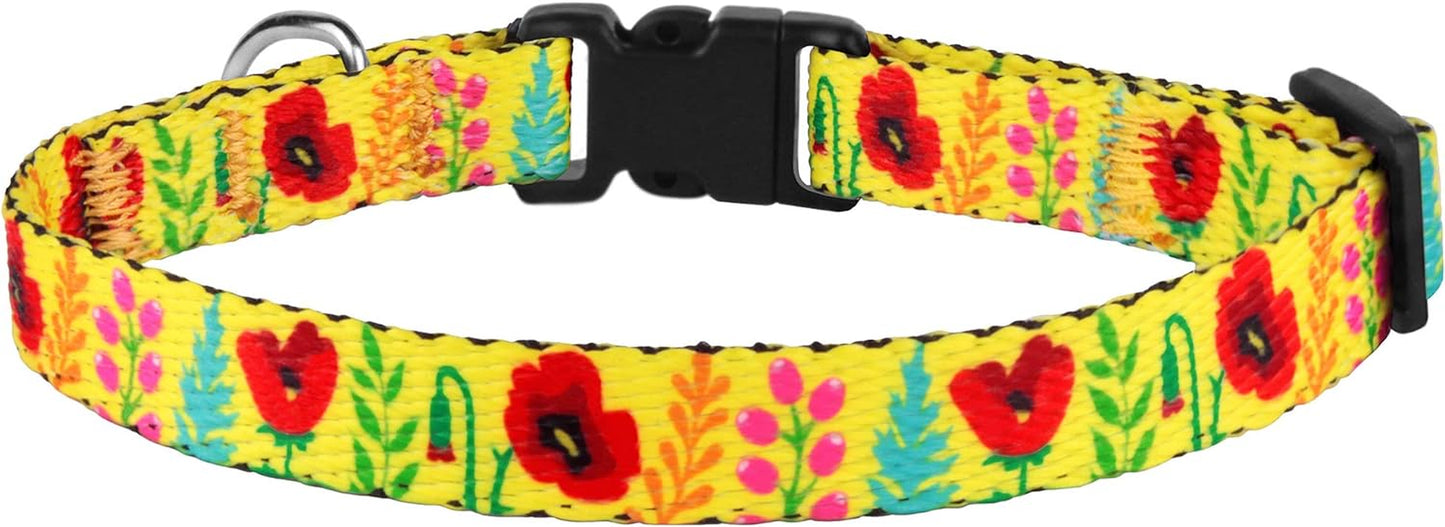 Cat Collar with Bell Floral Pattern 2 Pack Set Flower Adjustable Safety Breakaway Collars for Cats Kitten (Black + Yellow)