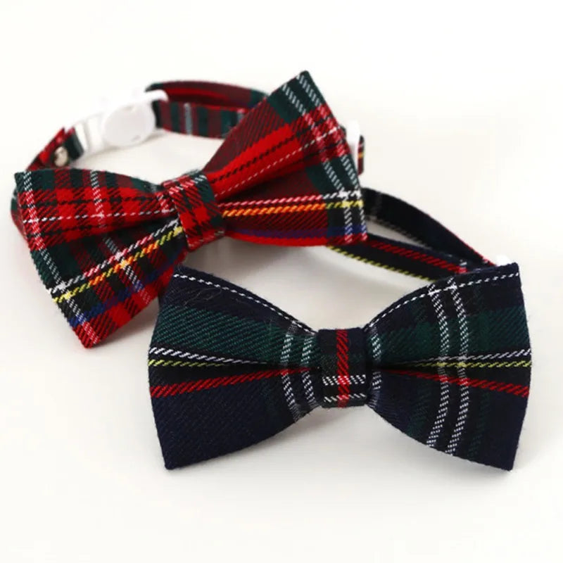 Christmas Small Dog Cat Collar Adjustable Detachable Bow Tie Cat Collar with Bell Cute Plaid Bowknot Pet Collar for Puppy Kitten