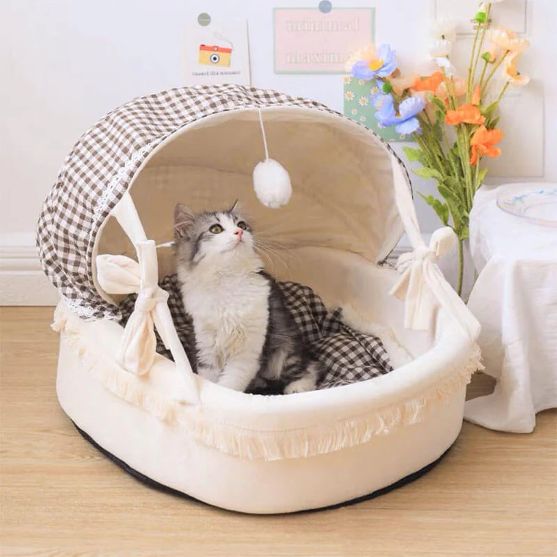 Cat Beds for Indoor Cats - Cat Cradle Semi-Enclosed House with Fluffy Ball Hanging