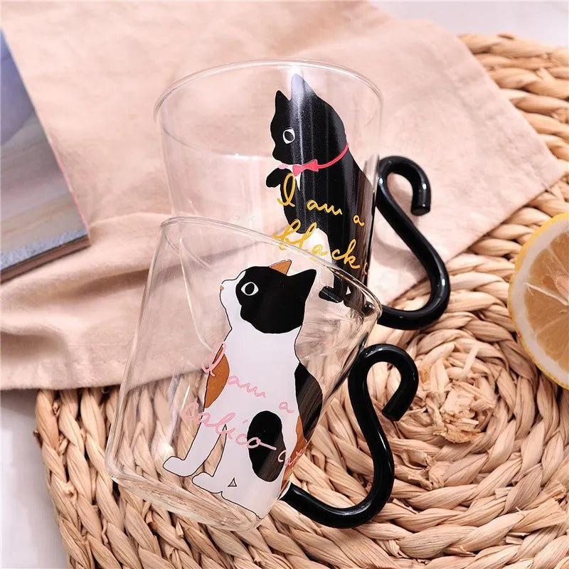 250 Ml Cute Black Cat Glass Coffee Mug Set Handgrip Animal Shaped Milk Water Juice Mugs Tea Cup Japanese Style Kawaii Gift Home