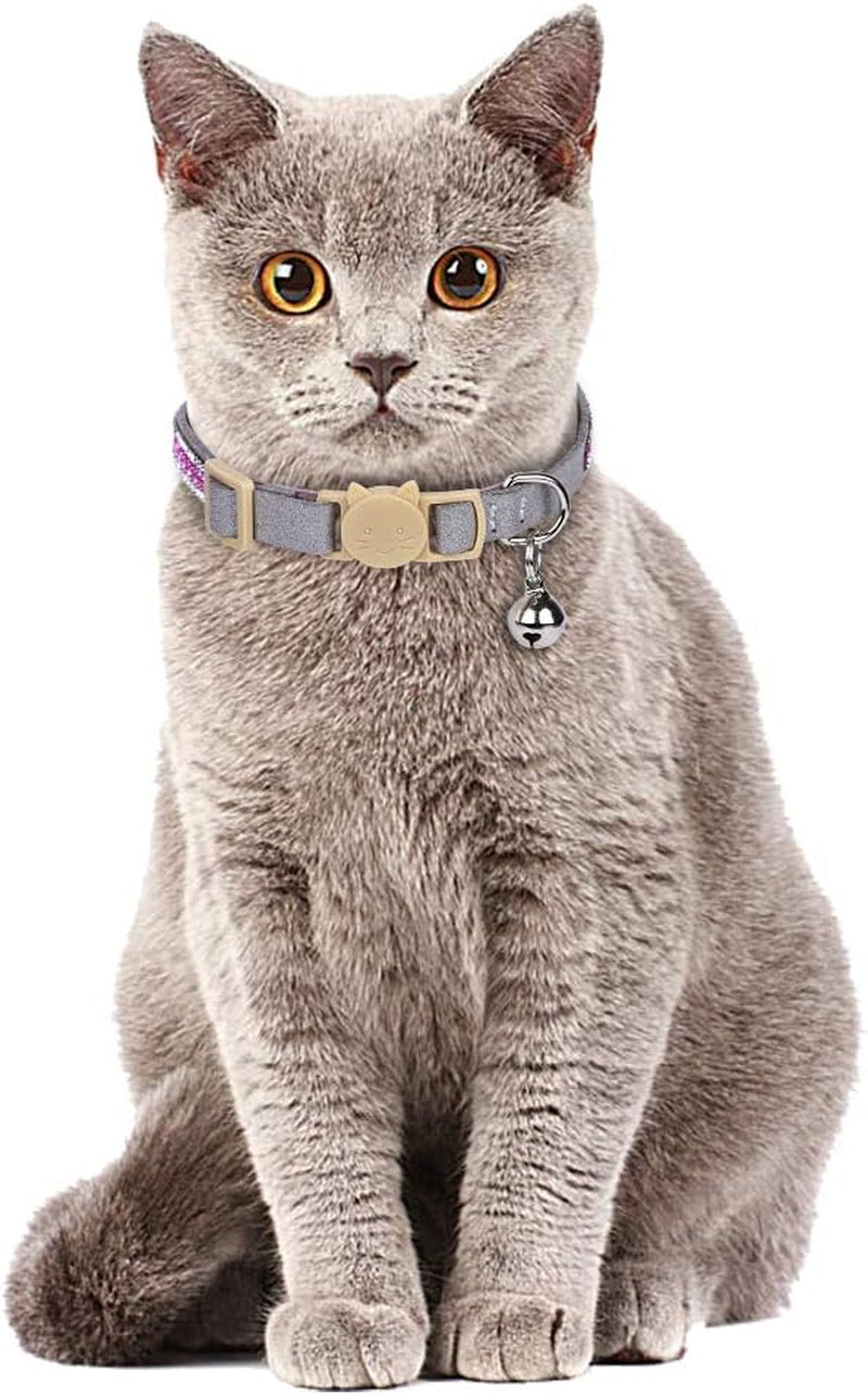 Cat Collar Breakaway with Bells - 2 Pack Bling Rhinestone Cat Collar, Soft Microfiber Leather Safe Adjustable Shing Collar, for Cats and Puppy Girl Boy (7.5"-11", Gray+Purple)