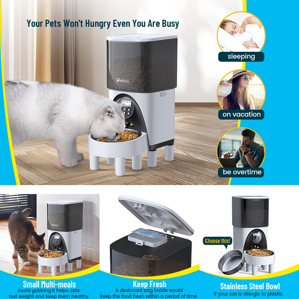 Automatic Cat Feeders with Stainless Steel Bowl, 4.5L Timer Cat Food Dispenser Heighten Feet Design, Cat Dog Feeder up to 20 Portion 4 Meals Daily, Pet Feeder with Desiccant Bag, 10S Voice Recorder