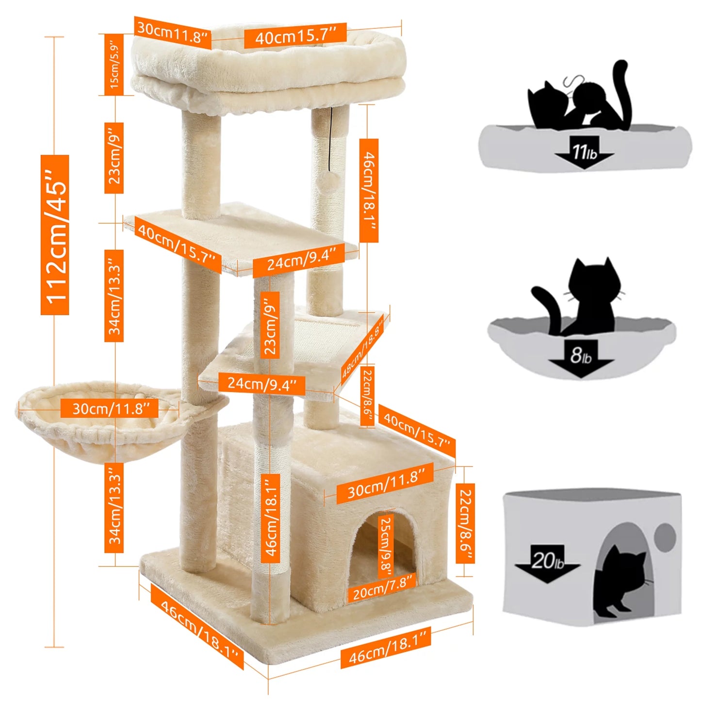 Cat Tree for Indoor Cats, 45Inches Multi-Level Cat Tower with Sisal Covered Scratching Posts, Spacious Condo, Cozy Hammock and Plush Top Perch