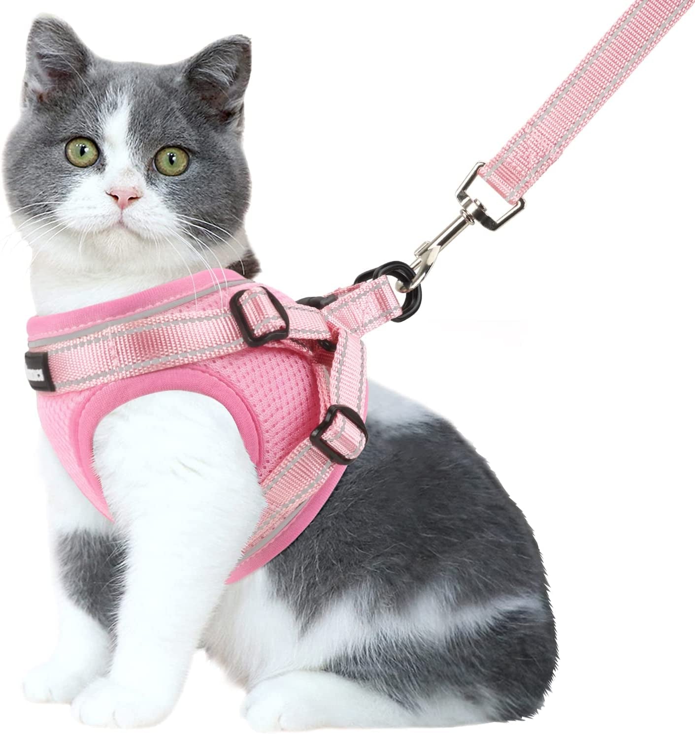 Cat Harness and Leash Set for Walking Escape Proof, Easy-To-Wear Adjustable Cat Harness with Reflective Strap - Comfort Fit for Pet Kitten Cat (S, Pink)