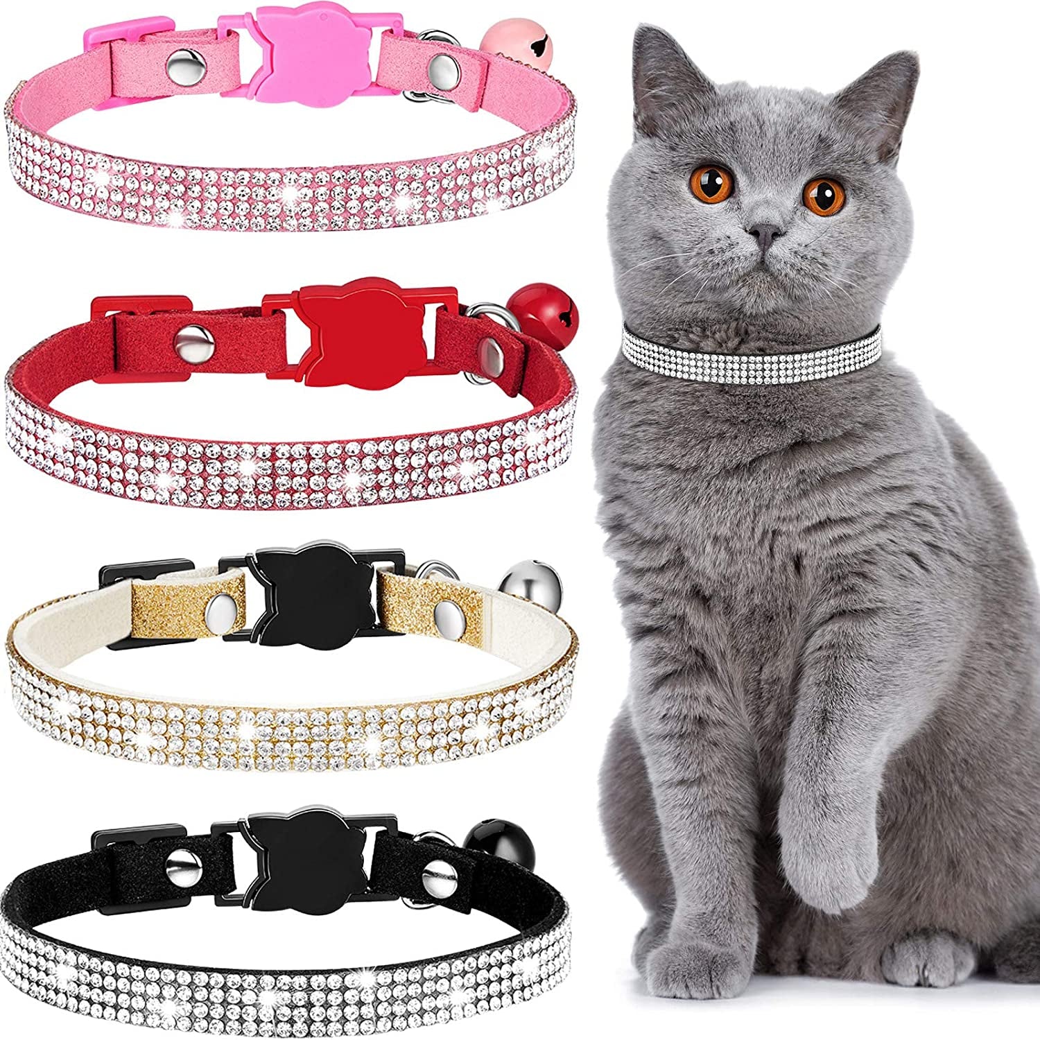 4 Pieces Rhinestones Cat Collars Breakaway Cat Collar with Bell Bling Pet Collars with Soft Velvet, 4 Colors (Gold, Red, Pink, Black,Xs)