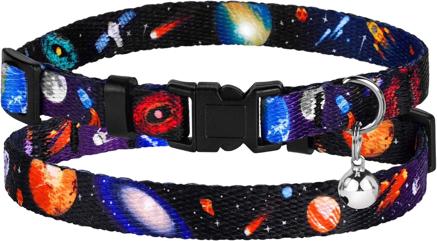 Galaxy Cat Collar with Bell Space Pattern 2Pcs Adjustable Safety Breakaway Collars for Cats Kitten Black Pink Blue (Black + Pink)