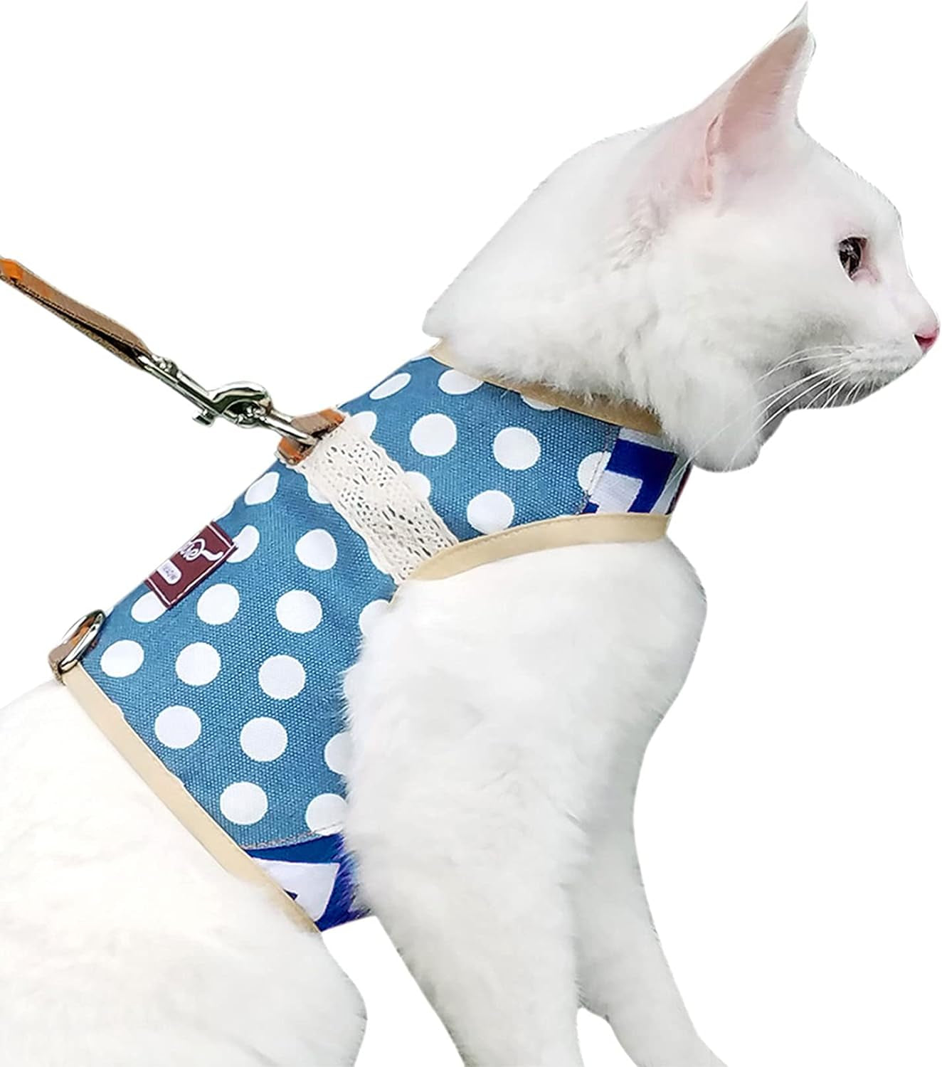 Cat Harness and Leash for Walking Escape Proof, Adjustable Cat Vest Harness, Padded Stylish Cat Walking Jackets, Polka Dot Blue, Large