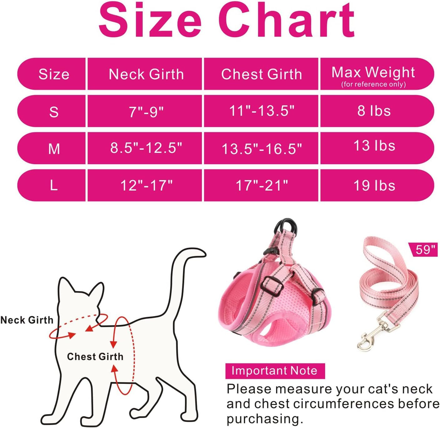 Cat Harness and Leash Set for Walking Escape Proof, Easy-To-Wear Adjustable Cat Harness with Reflective Strap - Comfort Fit for Pet Kitten Cat (S, Pink)