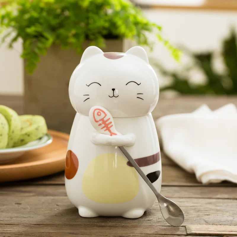 400Ml Cute Kawaii Cat Mug Creative Ceramic Coffee Mugs with Spoon Porcelain Milk Cup with Lid Animal Drinkware Best Gift