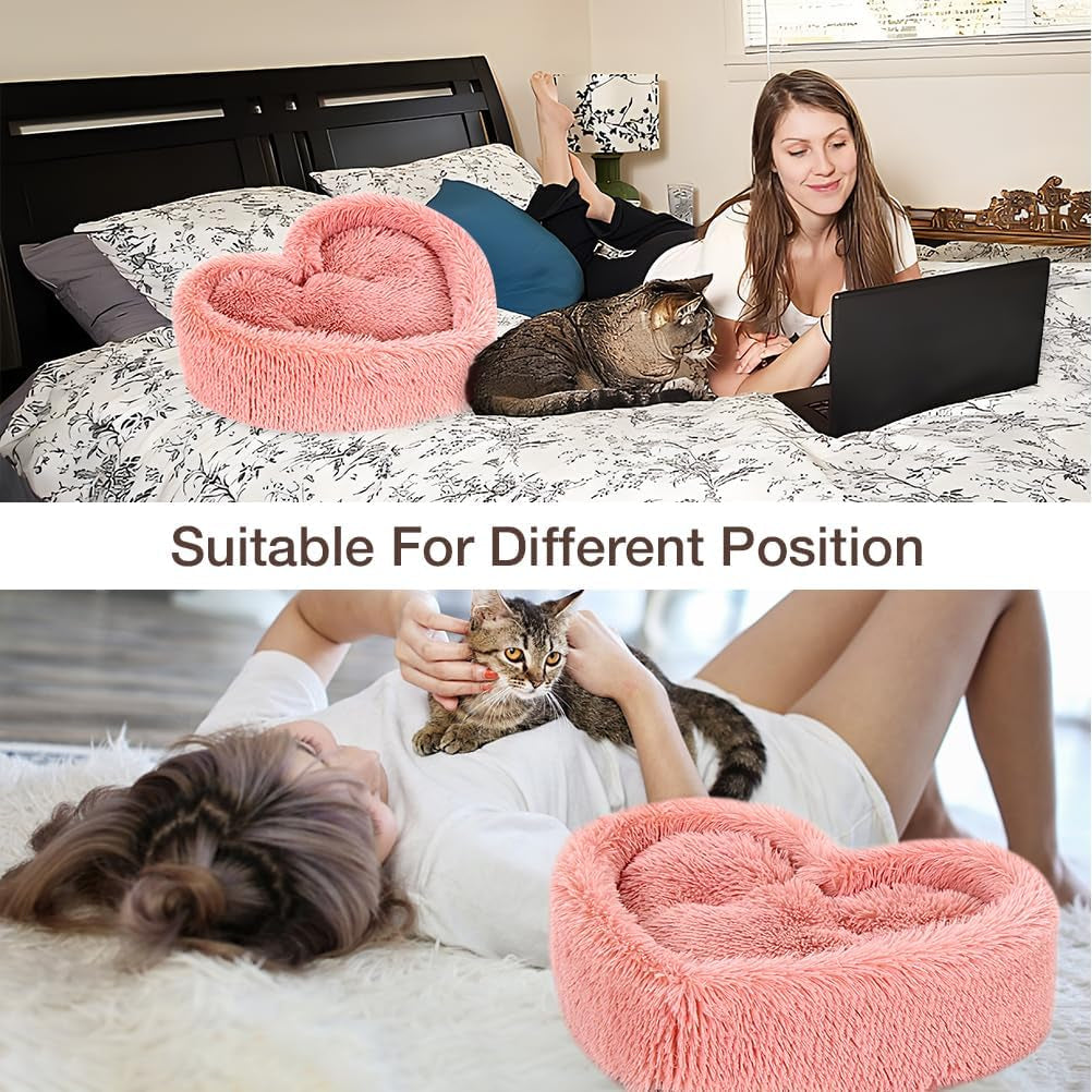 Cat Beds for Indoor Cats - Heart Cat Bed with Removable Washable Cushioned Pillow, Fits Cats up to 30 Lbs or Puppy Bed for Small Dogs, Faux Fur Self Warming Pet Bed Non-Slip Cat House, Pink