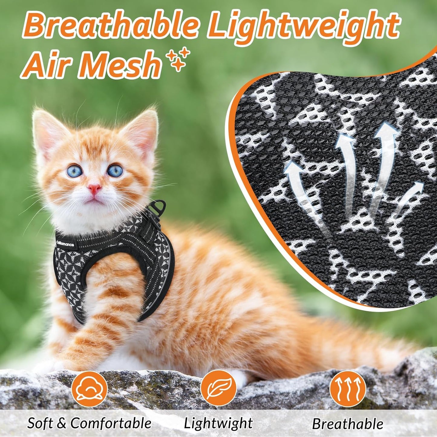 Cat Harness and Leash Escape Proof for Walking, Safe Adjustable Small Kitten Vest Set with Reflective Strip for Kitty, Easy Control Comfortable Soft Outdoor Pet Harnesses, Black, Small