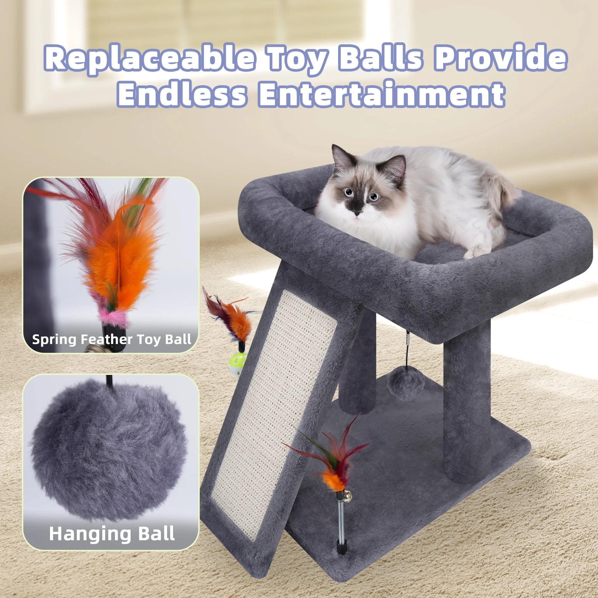 Cat Tree Tower with Scratching Board and Toy Balls