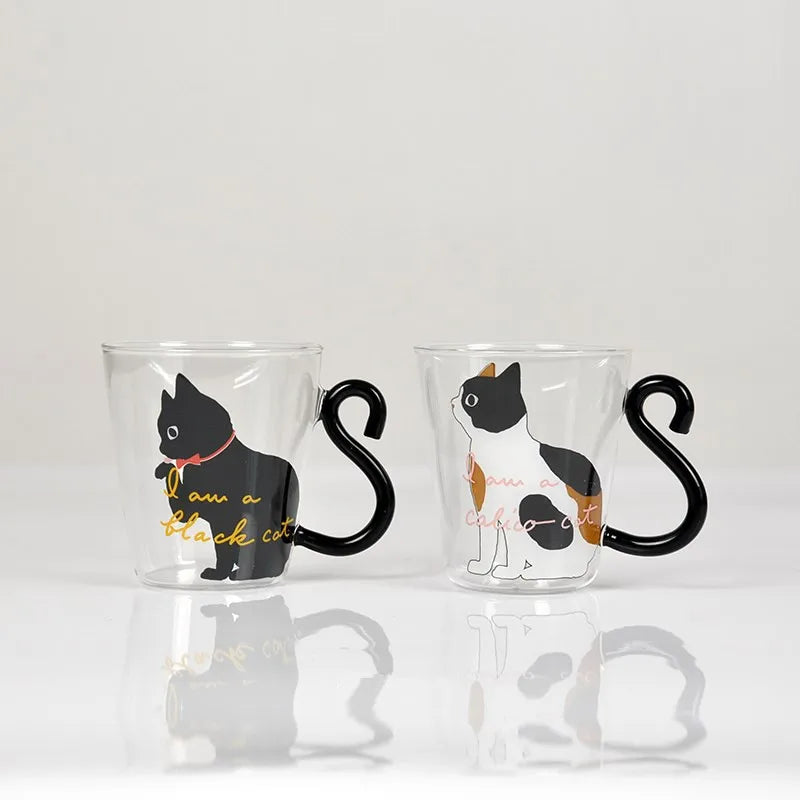 250 Ml Cute Black Cat Glass Coffee Mug Set Handgrip Animal Shaped Milk Water Juice Mugs Tea Cup Japanese Style Kawaii Gift Home