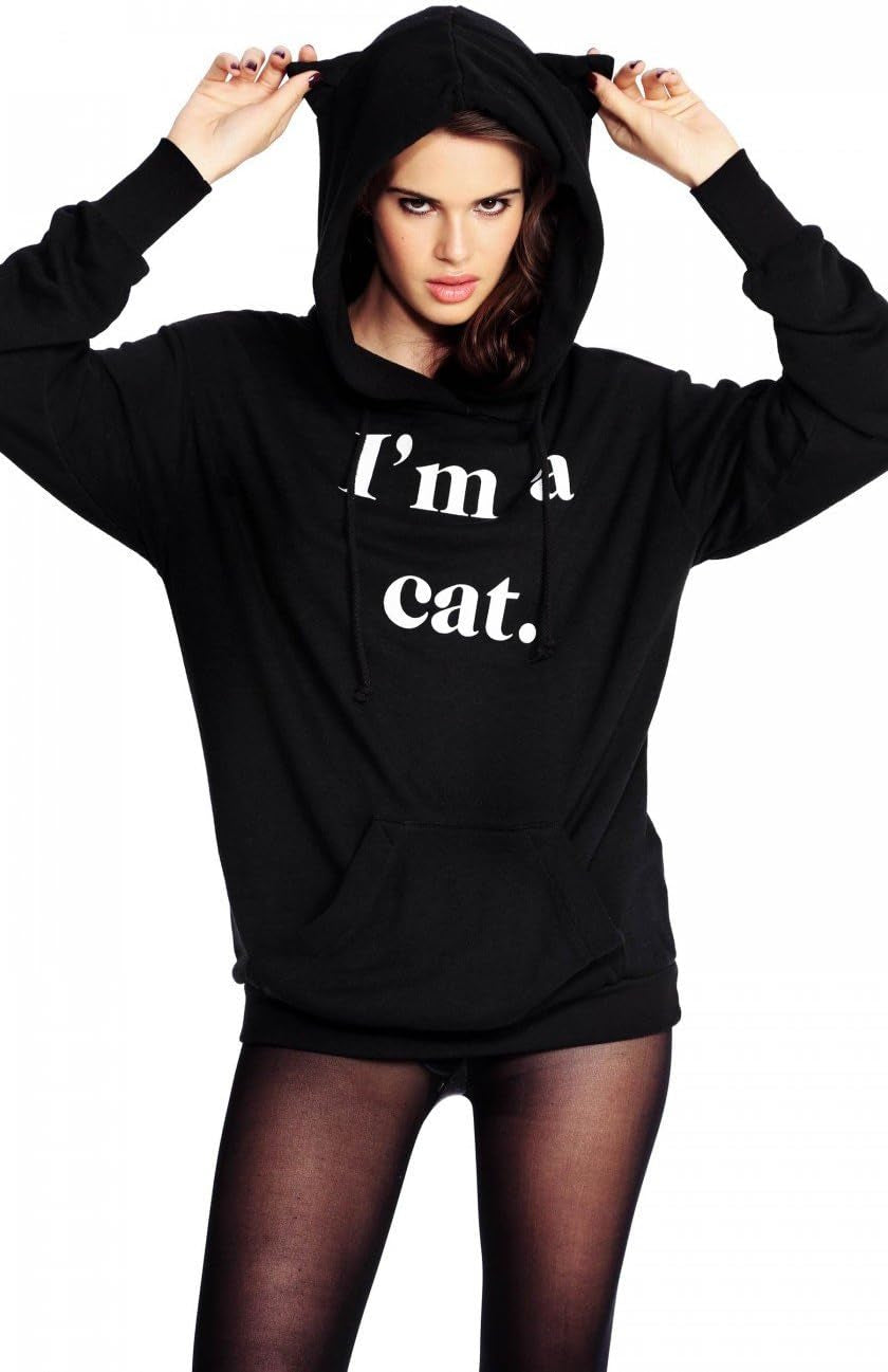 Women Girl Hoodies Cute Cat Ear Novelty Printed Pullover Sweatshirt