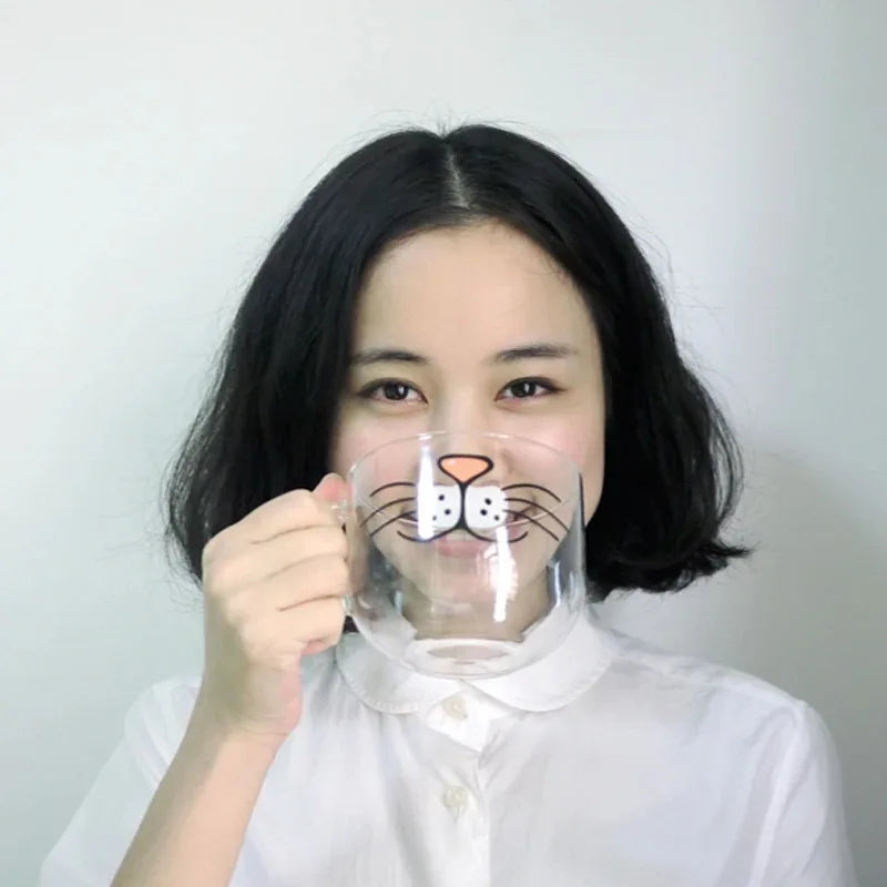 XINLANISNOW Novelty Glass Cup Cat Face Mugs Coffee Tea Milk Breakfast Mug Creative Gifts 540Ml